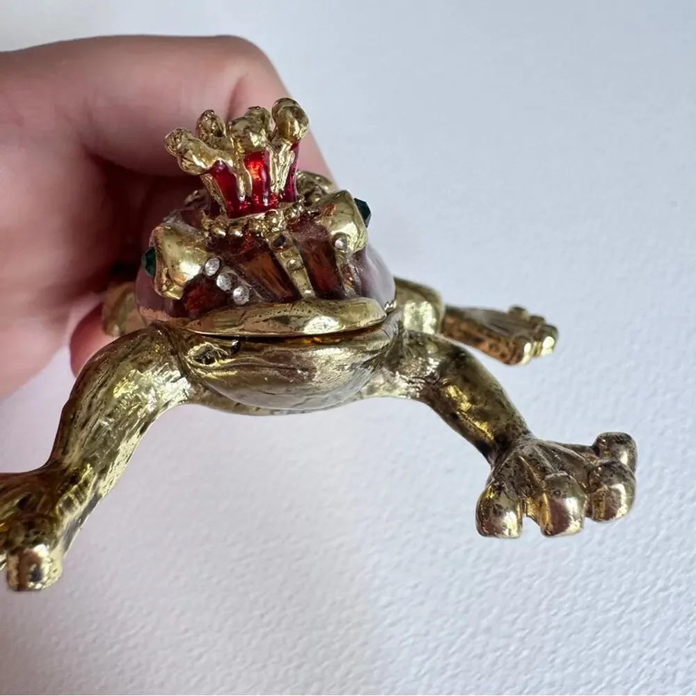 Vintage Gold Tone Brown Enamel Frog Prince Trinket Box Shelf Sitter